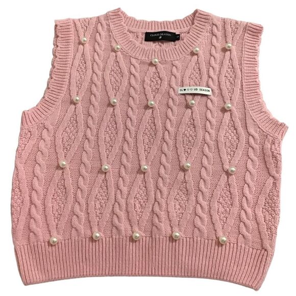 Cloud Season Pink Knit Pearl Embellished Sleeveless Sweater Vest Size Small - Picture 3 of 10